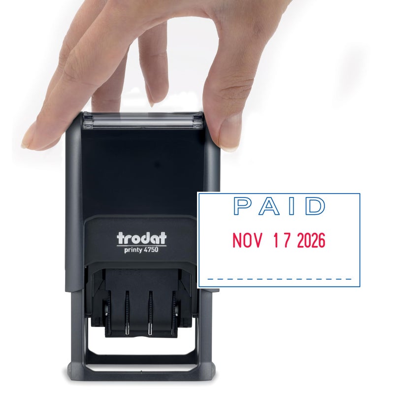 Trodat Printy 4750 Date Stamp with English Message Paid â€“ Self Inking, Red Ink Date and Blue Ink Text - Image 1